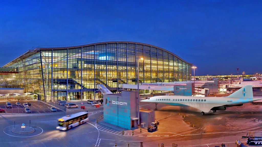 Konzept eines Boom Überschall-Passagierflugzeugs am Terminal des Flughafens London Heathrow. (Bild: Boom)